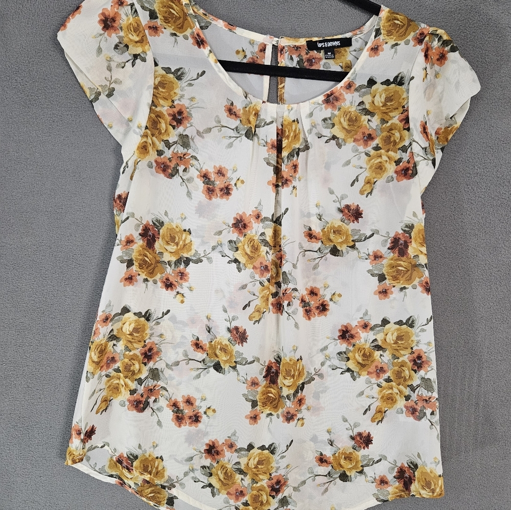 Vintage Ups & Downs Medium Shirt Cottagecore Floral Sheer Keyhole Cap Sleeve